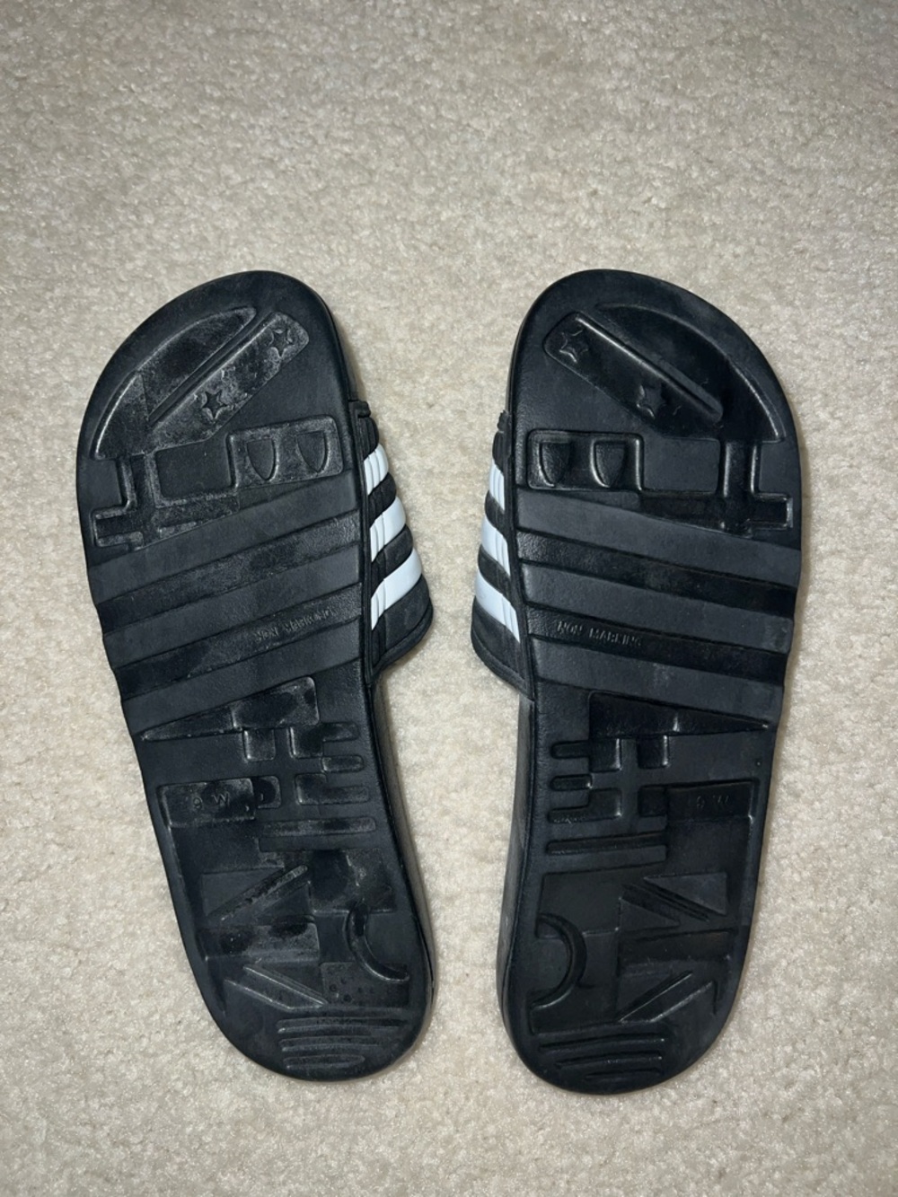 adidas Black Slide Sandals with White Stripes - Picture 2 of 2